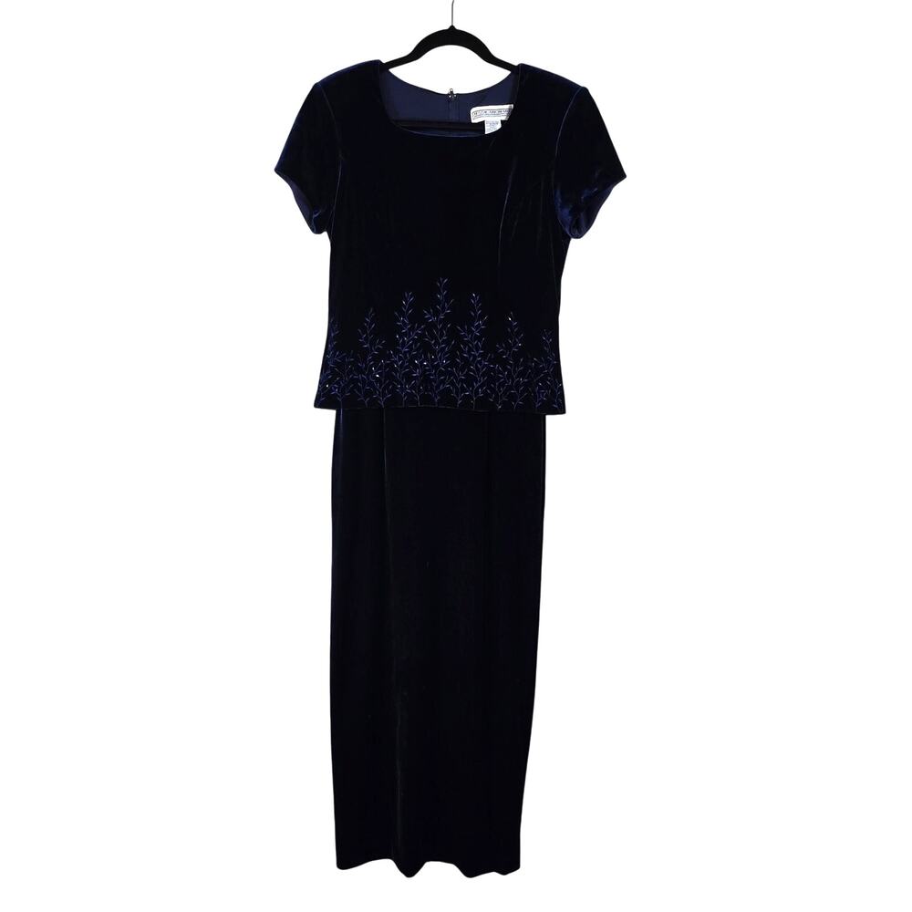 90s Jessica Howard Velvet Maxi Dress Women's 6 Blue Embroider Bead Dark Romantic